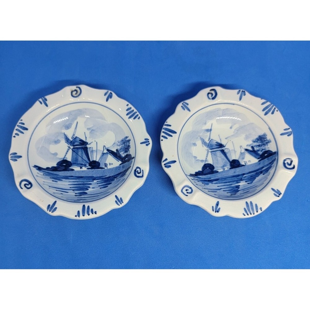 Two Vintage Delft Holland Blue Round Ashtray Trinket Dish Handpainted Windmill